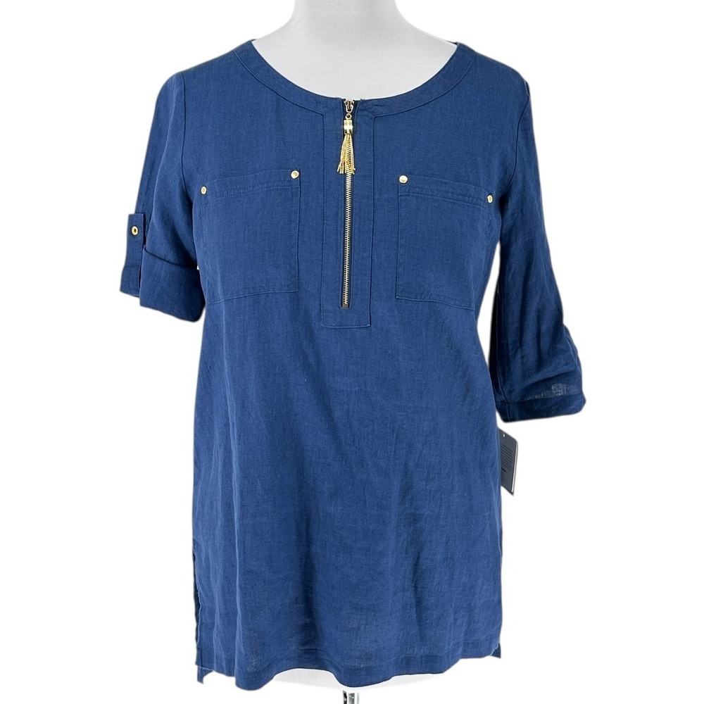 Ellen Tracy Linen Top Tunic Gold Tassel Zipper Pull Roll Tab Sleeve Blue M